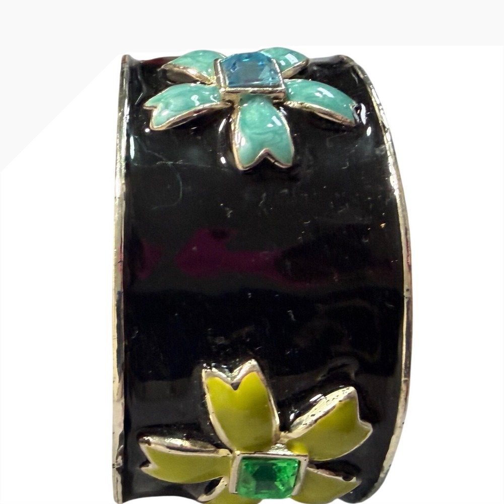 Black Enamel Flower‎ Cuff Bracelet Blue Green Rhinestone Statement Wide Bangle